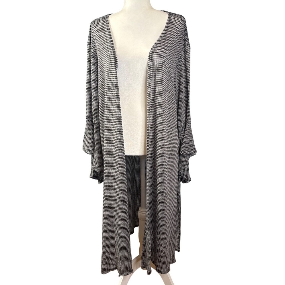 Womens Black White Gingham Knit Long Duster Cardigan Kimono Open‎ Front Fairy L